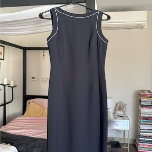 Ann Taylor Navy Blue Sleeveless Midi Dress with White Trim